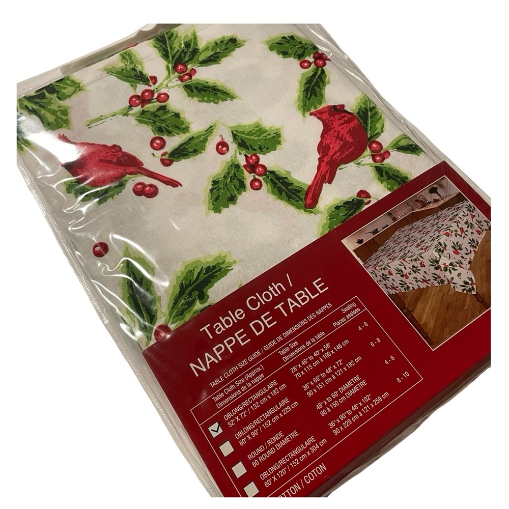 🎄Holiday Table Ready! 100% Cotton Christmas Tablecloth w/ Cardinals –52" x 72" 🎄